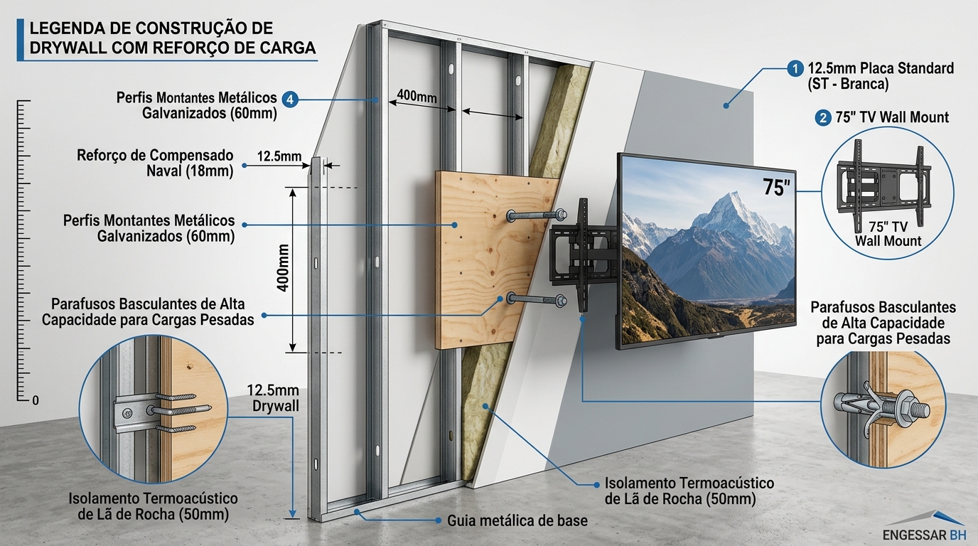 Instalação de Reforço Interno em Drywall para Cargas Pesadas | Engessar BH Ilustração técnica de parede de drywall com reforço interno de compensado para fixação de TV de grande porte em BH
